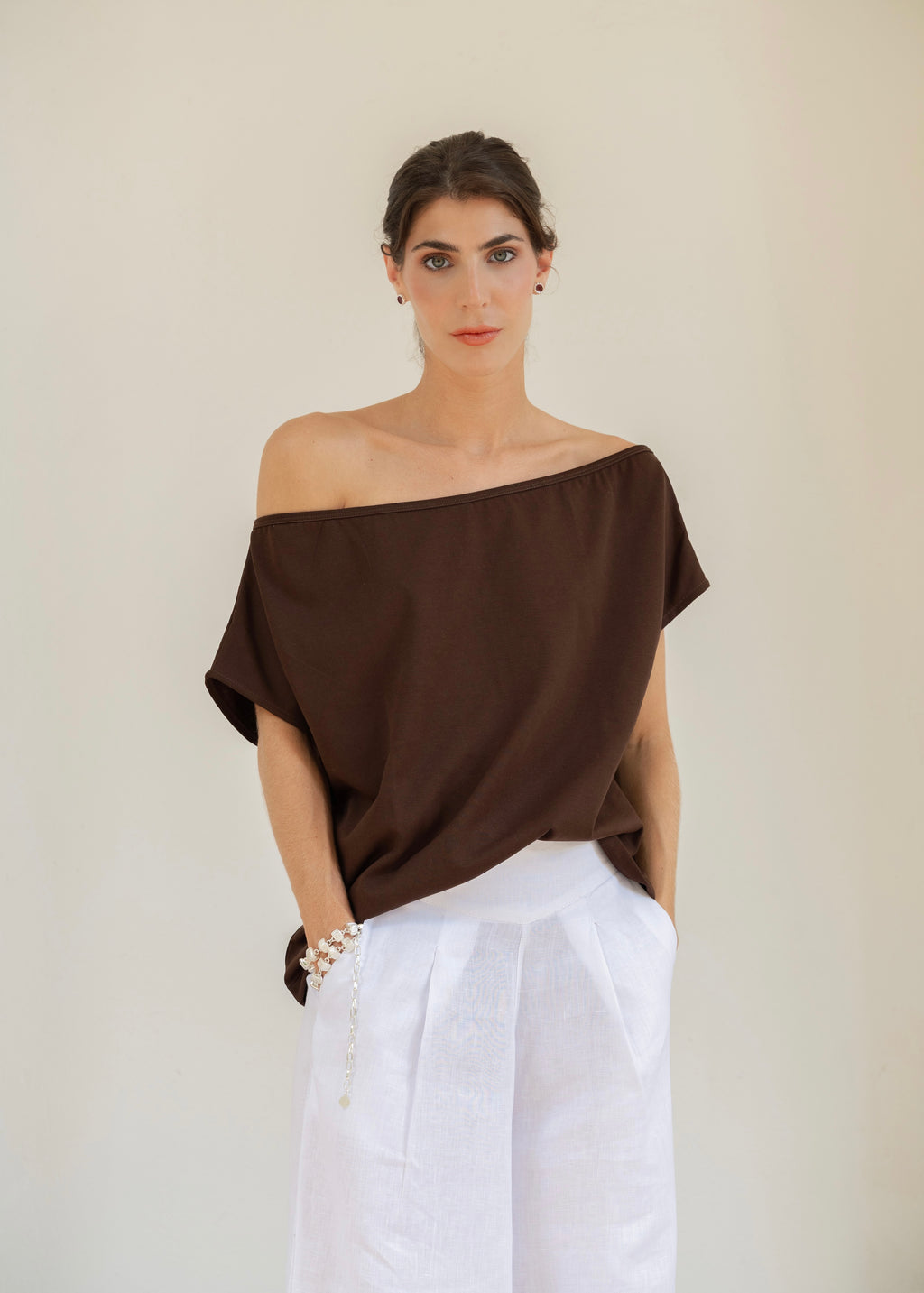 Off Shoulder T-Shirt - Deep Brown