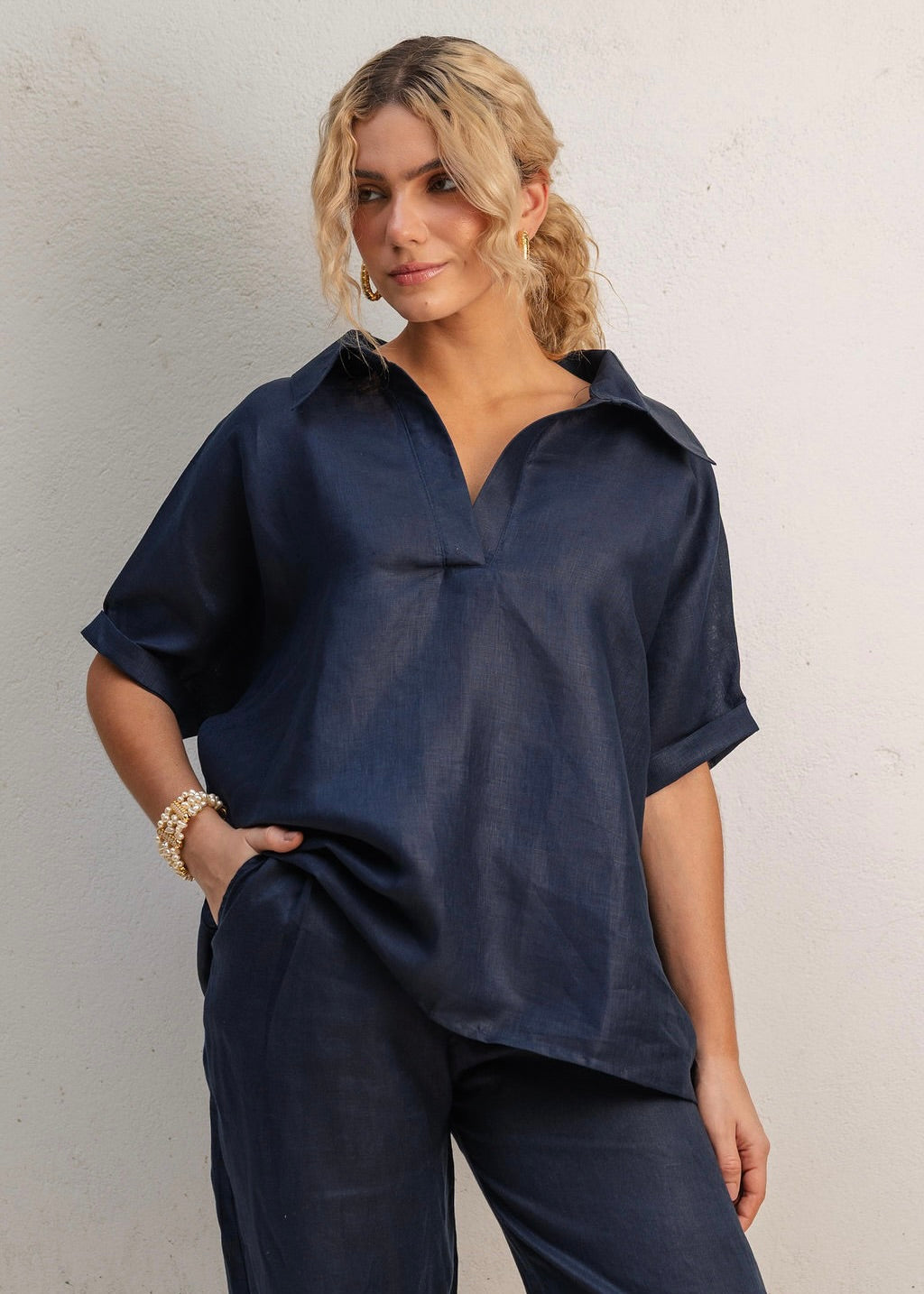 V Neck Set - Midnight Blue