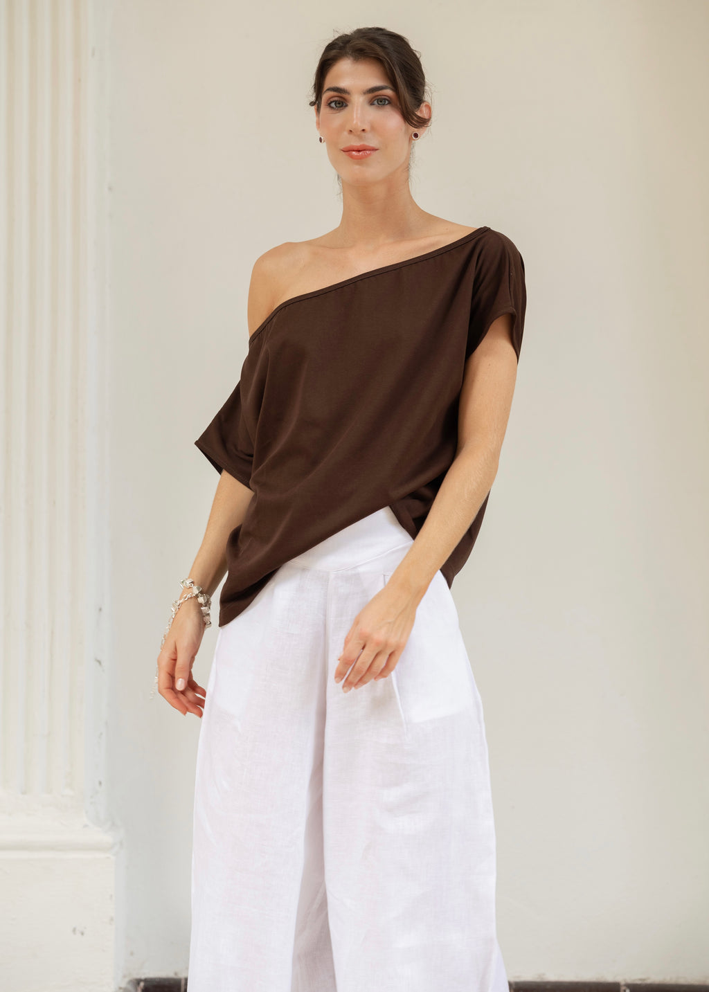 Off Shoulder T-Shirt - Deep Brown