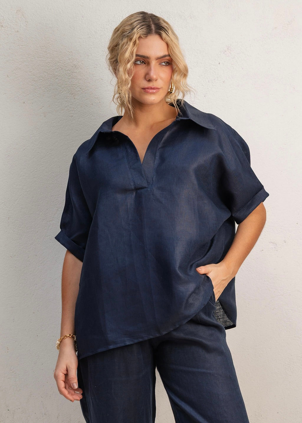 V Neck Shirt - Midnight Blue
