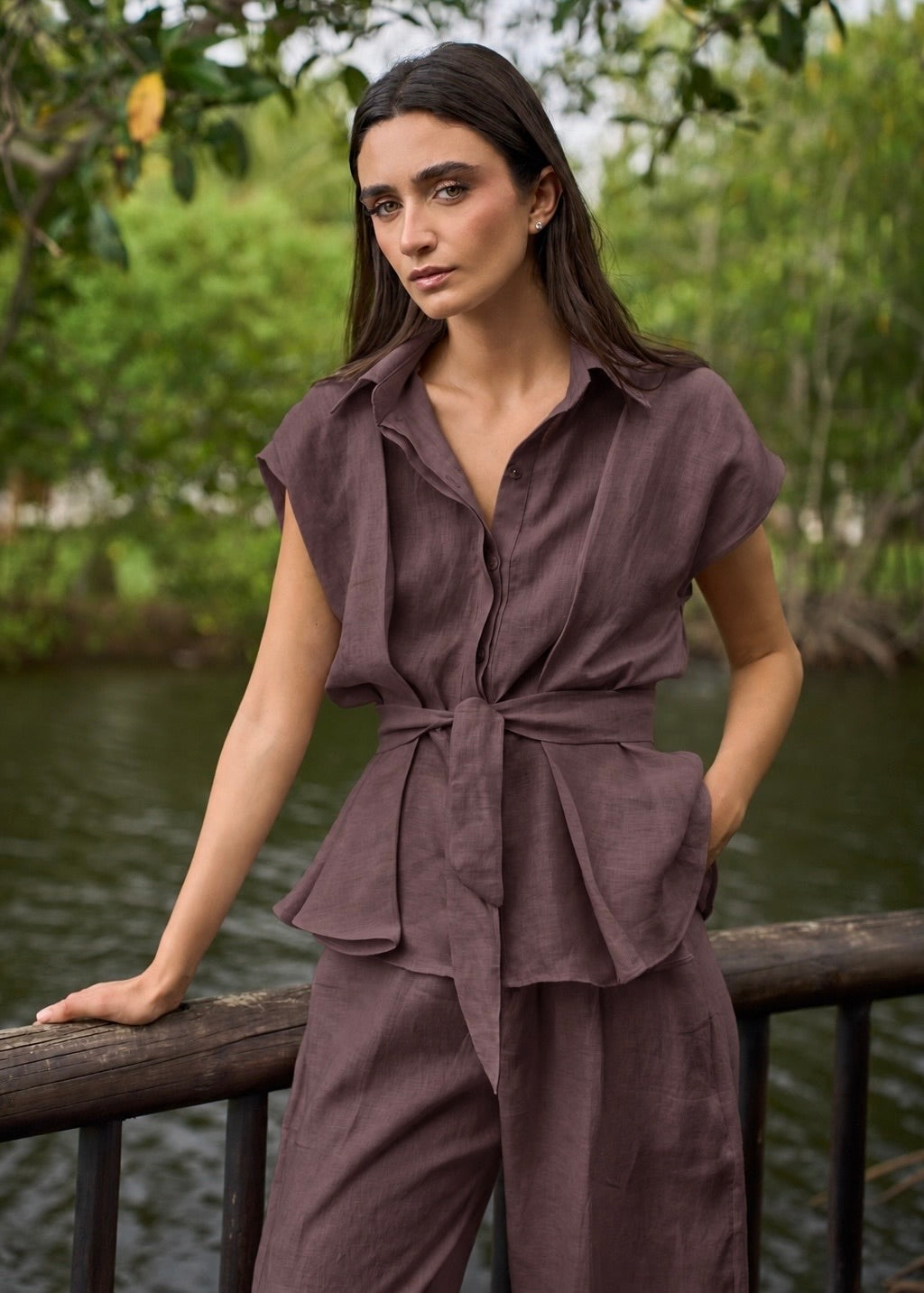 Wrapped Blouse Set - Deep Brown