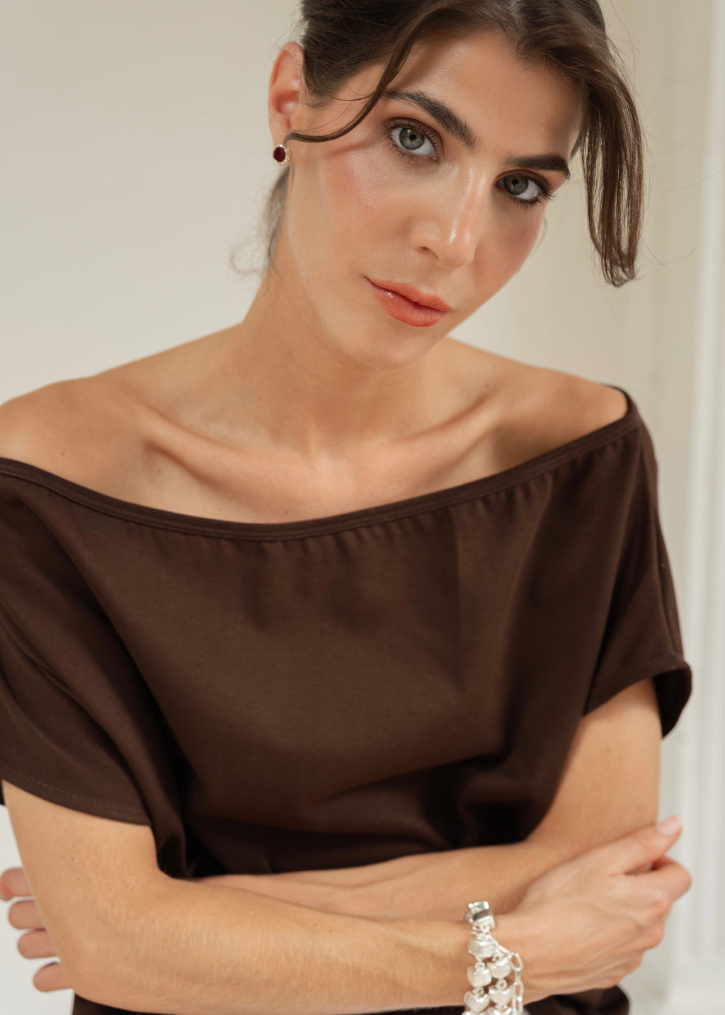 Off Shoulder T-Shirt - Deep Brown